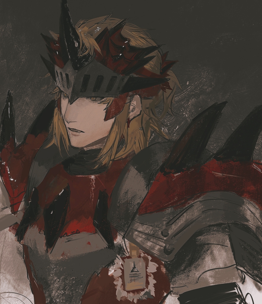 1boy arknights armor blonde_hair fang highres horns id_card looking_ahead male_focus mask medium_hair monster_hunter_(series) noir_corne_(arknights) official_alternate_costume oni_horns parted_lips rathalos_(armor) rathalos_s_noir_corne_(arknights) red_armor single_horn steinsgate16508 upper_body yellow_eyes