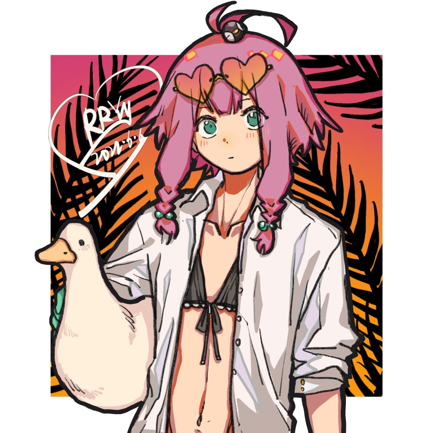 1girl ahoge animal arknights artist_name bikini bird black_bikini blush braid carrying carrying_under_arm eyewear_on_head gloves goose green_eyes green_gloves heart heart-shaped_eyewear highres looking_at_viewer may_(arknights) navel open_clothes open_shirt penguin_hair_ornament pink_hair rryy shirt short_hair_with_long_locks solo swimsuit twin_braids white_shirt