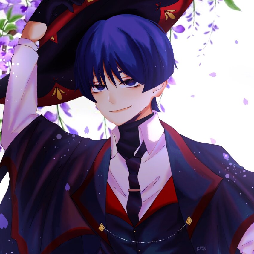 1boy alternate_costume arm_up black_cloak black_gloves black_hat black_undershirt black_vest blank_eyes blunt_ends cloak closed_mouth collared_shirt falling_petals formal_clothes genshin_impact gloves half_gloves hat hat_tip highres holding holding_unworn_clothes holding_unworn_hat lapels lipgloss looking_at_viewer male_focus moriko_ken11 petals portrait purple_eyes purple_hair purple_petals red_trim scaramouche_(genshin_impact) shirt smile solo tsurime turtleneck turtleneck_shirt unworn_hat unworn_headwear vest white_background white_shirt white_sleeves wispy_bangs