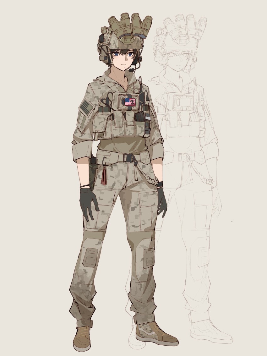 1girl absurdres american_flag ammunition_pouch belt black_gloves black_hair brown_footwear camouflage camouflage_pants reference_sheet desert_camouflage digital_camouflage ear_protection full_body gloves glowstick highres load_bearing_vest long_sleeves looking_ahead magazine_(weapon) mole mole_under_mouth night_vision_device original pants pen_guin15 pouch short_hair simple_background solo_focus united_states_marine_corps utility_belt