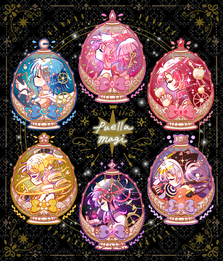 6+girls akemi_homura akemi_homura_(magical_girl) animal_ear_headwear animal_ears apple argyle_background armlet arrow_(symbol) bare_shoulders beanie beret black_background black_capelet black_gloves black_hat blonde_hair blue_bow blue_gemstone blue_hair blue_shirt blue_sleeves border bow bow_(weapon) bow_choker bowtie cape capelet cat_ears chest_jewel choker cleavage_cutout closed_eyes clothing_cutout collared_capelet collared_dress collared_shirt commentary_request copyright_name cropped_torso detached_sleeves dress drill_hair earflap_beanie fake_animal_ears familiar_(madoka_magica) fingerless_gloves floating_cape flower flower_hairpin food fortissimo frilled_shirt frills from_side fruit fur-trimmed_capelet fur_trim gears gem gloves hair_bow hair_down hair_ornament hair_ribbon hair_through_headwear hairband hairclip hat hat_feather high_collar highres holding holding_gem holding_sword holding_weapon interlocked_fingers jewelry kaname_madoka kaname_madoka_(magical_girl) key light_blush long_hair long_sleeves magical_girl mahou_shoujo_madoka_magica mahou_shoujo_madoka_magica:_hangyaku_no_monogatari mahou_shoujo_madoka_magica_(anime) miki_sayaka miki_sayaka_(magical_girl) momoe_nagisa momoe_nagisa_(magical_girl) multiple_girls musical_note musical_note_hair_ornament no_mouth orange_capelet ornate_border own_hands_clasped own_hands_together pink_bow pink_flower pink_gemstone pink_hair pink_rose pointy_nose pom_pom_(clothes) praying purple_bow purple_bowtie purple_capelet purple_gemstone pyotr_(madoka_magica) red_bow red_choker red_dress red_gemstone red_hair red_hairband red_ribbon ribbon rose sakura_kyoko sakura_kyoko_(magical_girl) shirt short_hair short_twintails sleeveless sleeveless_dress soul_gem sparkle strapless strapless_shirt sword tomoe_mami tomoe_mami_(magical_girl) twin_drills twintails two-tone_capelet two_side_up weapon wheel white_cape white_dress white_gloves white_hair white_shirt yae_harura yellow_bow yellow_bowtie yellow_flower yellow_gemstone yellow_ribbon