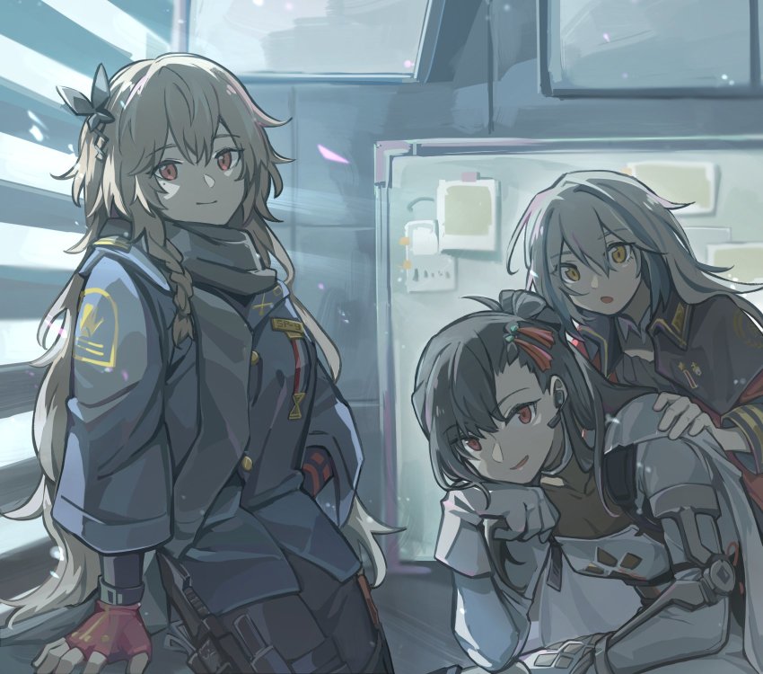 3girls alternate_costume billboard braid fingerless_gloves girls&#039;_frontline gloves hair_ribbon hand_on_own_cheek hand_on_own_face highres looking_at_viewer multiple_girls office qbz-191_(girls&#039;_frontline) rhino_(girls&#039;_frontline) ribbon smile sp9_(girls&#039;_frontline) window xinhao