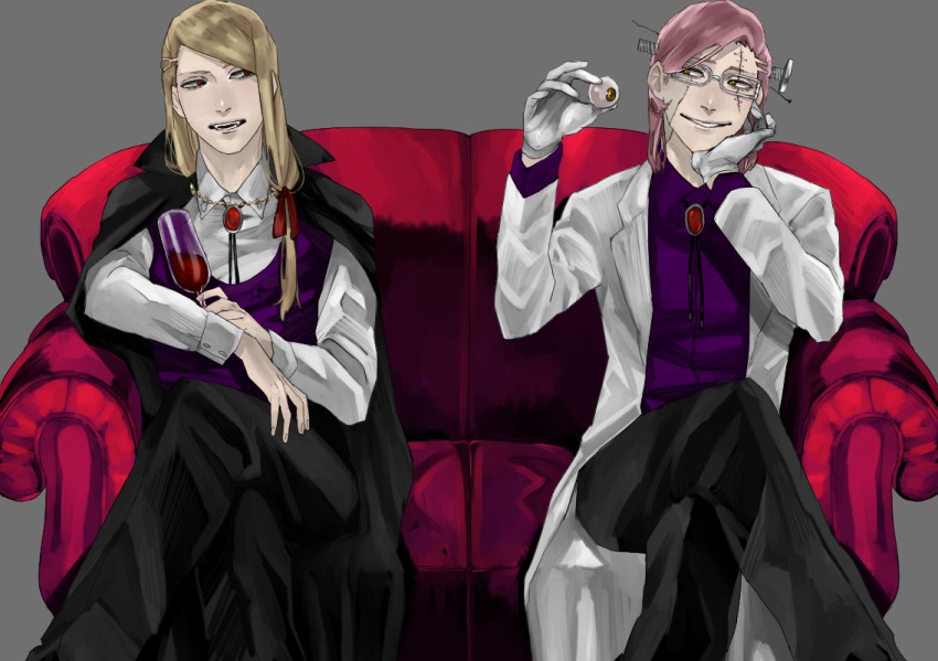 2boys agatsumaattsu alternate_costume bleach blonde_hair brothers cape couch cup drinking_glass gloves halloween male_focus multiple_boys object_through_head pink_hair red_upholstery screw_in_head siblings simple_background sitting smirk szayelaporro_granz wine_glass yylfordt_granz