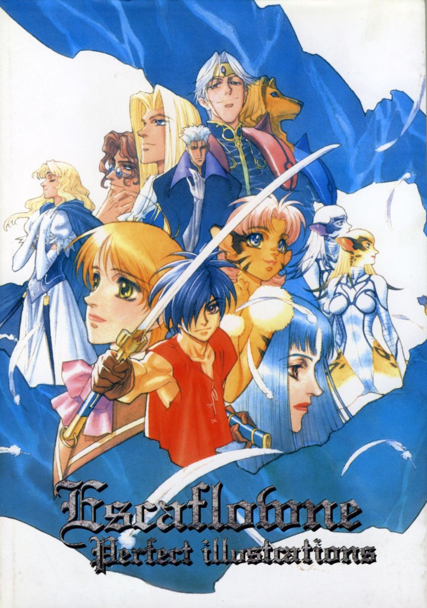 1990s_(style) 5boys 6+girls allen_schezar animal_ears blonde_hair blue_eyes bow brown_hair cat_ears copyright_name dilandau_albatou dress dryden_fassa elbow_gloves feathers folken_fanel gloves hair_over_one_eye highres jajuka jajuka_(tenkuu_no_escaflowne) kanzaki_hitomi long_hair merle_(tenkuu_no_escaflowne) millerna_aston multiple_boys multiple_girls naria official_art pink_bow pink_hair retro_artstyle scan sword tenkuu_no_escaflowne van_fanel varie varie_(tenkuu_no_escaflowne) weapon yuuki_nobuteru