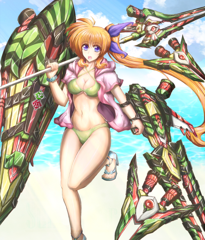 1girl alternate_weapon beach bikini blue_sky breasts cleavage cloud cloudy_sky commentary_request criss-cross_halter day fortress_(nanoha) green_bikini hair_ribbon halterneck highres hood hood_down hoodie horizon itutooki_kousin leg_up looking_at_viewer lyrical_nanoha mahou_senki_lyrical_nanoha_force mahou_shoujo_lyrical_nanoha medium_hair navel no_pants ocean open_clothes open_hoodie open_mouth orange_hair outdoors partial_commentary pink_hoodie purple_eyes purple_ribbon raising_heart raising_heart_(blaster_bit) raising_heart_estrea ribbon sandals scrunchie side_ponytail sky solo standing standing_on_one_leg strike_cannon swimsuit takamachi_nanoha translated weapon white_sandals wrist_scrunchie