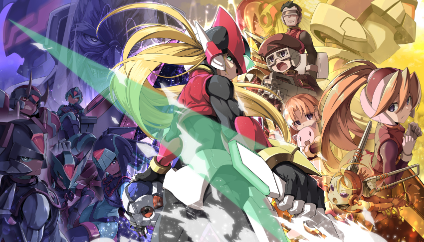 4girls 6+boys absurdres alouette_(mega_man) android armor blonde_hair cerveau_(mega_man) copy_x_(mega_man) cowboy_shot crossed_legs cyber_elf_x_(mega_man) dark_elf_(mega_man) dr._weil_(mega_man) elpizo_(mega_man) energy_sword everyone fairy_leviathan_(mega_man) fighting_fefnir_(mega_man) forehead_jewel from_behind glowing head-mounted_display helmet high_ponytail highres holding holding_stuffed_toy holding_sword holding_weapon long_hair looking_at_viewer looking_back mega_man_(series) mega_man_zero_(series) multiple_boys multiple_girls omega_(mega_man) pantheon_(mega_man) pink_shirt ponytail purple_theme red_armor red_helmet sage_harpuia_(mega_man) scarf shirt sitting stuffed_animal stuffed_cat stuffed_toy sword throne weapon x_(mega_man) yellow_theme z_saber zelitto zero(z)_(mega_man) zero_(mega_man)