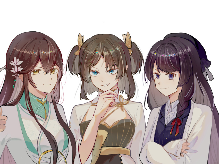 &gt;:) 3girls aqua_shirt baiguigelierwan beret black_dress black_hair black_hat blue_eyes blue_vest blunt_bangs bob_cut braid brown_hair butterfly_hair_ornament cardigan character_request chinese_clothes closed_mouth collared_shirt crossed_arms crossover dress female_master_(the_tale_of_food) flower hair_between_eyes hair_flower hair_ornament hair_ribbon hand_on_own_chin hanfu hat heroine_(lovebrush_chronicles) highres hua_yi_shanxin_zhiyue jiaoling_ruqun long_hair long_sleeves looking_at_viewer lovebrush_chronicles medium_hair multiple_girls open_cardigan open_clothes parted_bangs parted_lips pinstripe_pattern pinstripe_vest purple_eyes red_ribbon ribbon robe shirt shrug_(clothing) side_braid sidelocks simple_background the_tale_of_food thumbs_up two_side_up upper_body v-shaped_eyebrows vest white_background white_cardigan white_robe white_shirt white_sleeves yellow_eyes