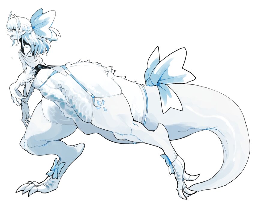 1boy absurdres animal_feet animal_hands black_eyes blue_hair bow claws commentary demi_(dizzyspells) digitigrade dizzyspells dragon_boy dragon_horns dragon_tail english_commentary full_body hair_bow highres horns long_hair looking_at_viewer male_focus monster_boy off_shoulder original pointy_ears ribbon simple_background solo standing tail tail_ornament tail_ribbon thick_tail thighhighs trap white_background white_hair white_thighhighs
