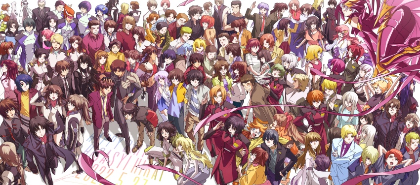 6+boys 6+girls ^_^ absolutely_everyone absurdres age_(heroic_age) aiba_kouji aiba_yuuki aizawa_tokito aneesha_(character) annotation_request asagi_toshikazu ass auel_neider beast_warriors_gulkeeva black_hair black_jacket blonde_hair blue_eyes blue_jacket breasts cagalli_yula_athha character_request closed_eyes clotho_buer creator_connection crossover dated dearka_elsman deianeira everyone flay_allster floating gilbert_durandal giniro_no_olynssis glasses grey_hair grey_shirt gundam gundam_seed gundam_seed_destiny happy_birthday hayase_kouichi headpat heine_westenfluss heroic_age highres hitachi_izuru holding_another&#039;s_arm housen_aoi irie_tamaki jacket kazuma_(scryed) kira_yamato kizaki_emi kugimiya_kei kurogane_no_linebarrel kuroki_ange lacus_clyne looking_down lunamaria_hawke mail_(heroic_age) majestic_prince makabe_kazuki medium_breasts miguel_aiman military military_uniform minashiro_soushi minashiro_soushi_(2) mu_la_flaga mugen_no_ryvius multiple_boys multiple_crossover multiple_girls murrue_ramius natarle_badgiruel neya_(mugen_no_ryvius) nicol_amafli one_eye_closed orga_sabnak ponytail red_eyes red_jacket rey_za_burrel roku_(gansuns) round_eyewear ryuhou salute scheris_adjani scryed serena_(giniro_no_olynssis) shani_andras shinjou_touya shinn_asuka shirt smile soukyuu_no_fafner squatting stellar_loussier sting_oakley straight_cougar sunglasses suruga_ataru tail_(heroic_age) talia_gladys tea_(giniro_no_olynssis) theoria twintails white_hair yuti_ra yzak_joule