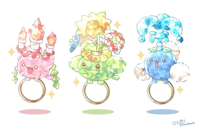 :3 blue_flower candelabra candlestand closed_mouth evolutionary_line flower full_body gen_2_pokemon hartan highres hoppip jewelry jumpluff nintendo no_humans open_mouth pokemon pokemon_(creature) pokemon_focus red_flower ring simple_background skiploom smile sparkle terastallization twitter_username white_background