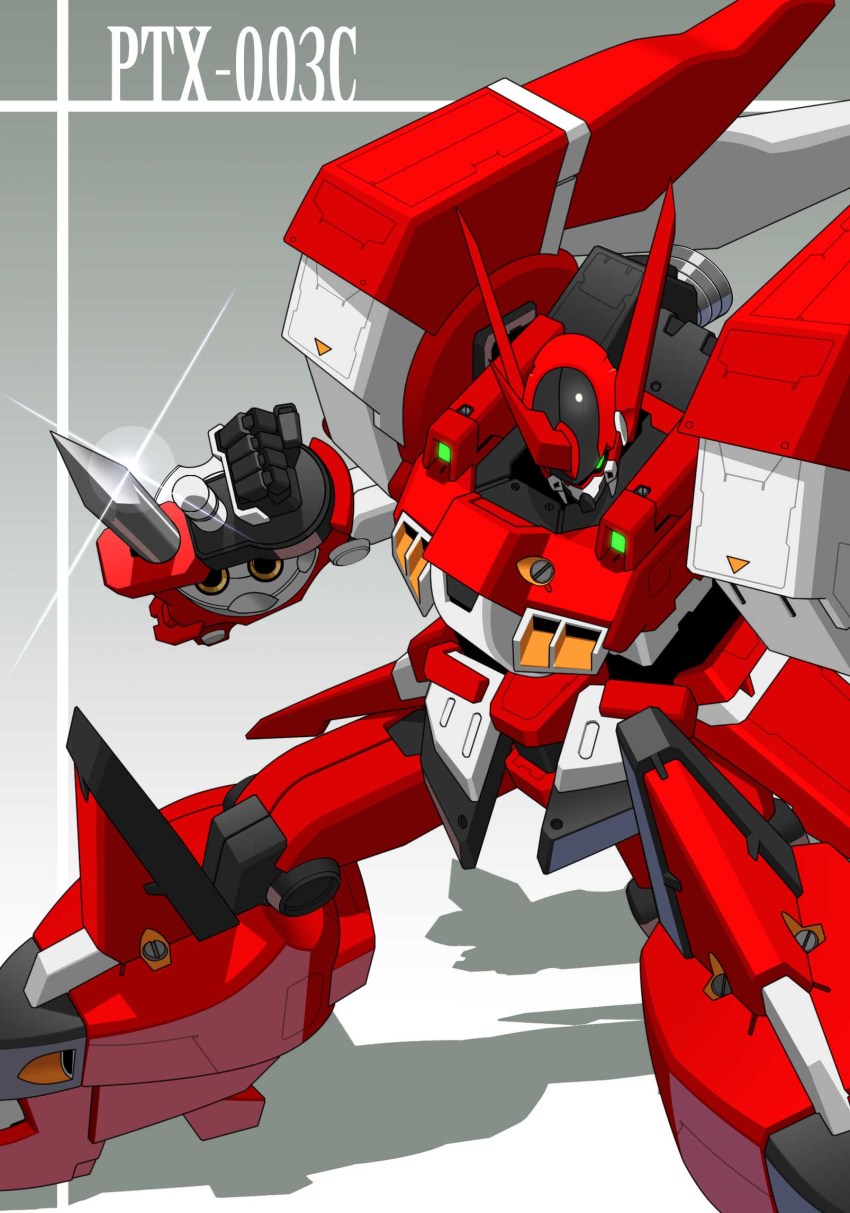 alteisen commission gradient_background green_eyes highres horns kazue looking_down mecha pile_bunker robot science_fiction shadow single_horn skeb_commission solo super_robot_wars super_robot_wars_original_generation