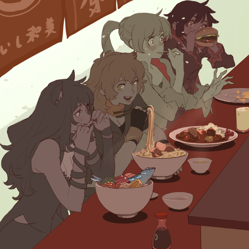 4girls 55bata6rou bare_shoulders black_hair blake_belladonna blonde_hair bowl burger chopsticks constricted_pupils cup curry curry_rice drinking_glass eating fish food food_stand grey_hair hand_up hands_up highres holding holding_burger holding_chopsticks holding_food holding_spoon long_hair long_sleeves looking_at_another multiple_girls noodles open_mouth plate ponytail ramen red_hair rice ruby_rose rwby short_hair sitting smile soy_sauce spoon surprised sweat table upper_body weiss_schnee wide-eyed yang_xiao_long yatai