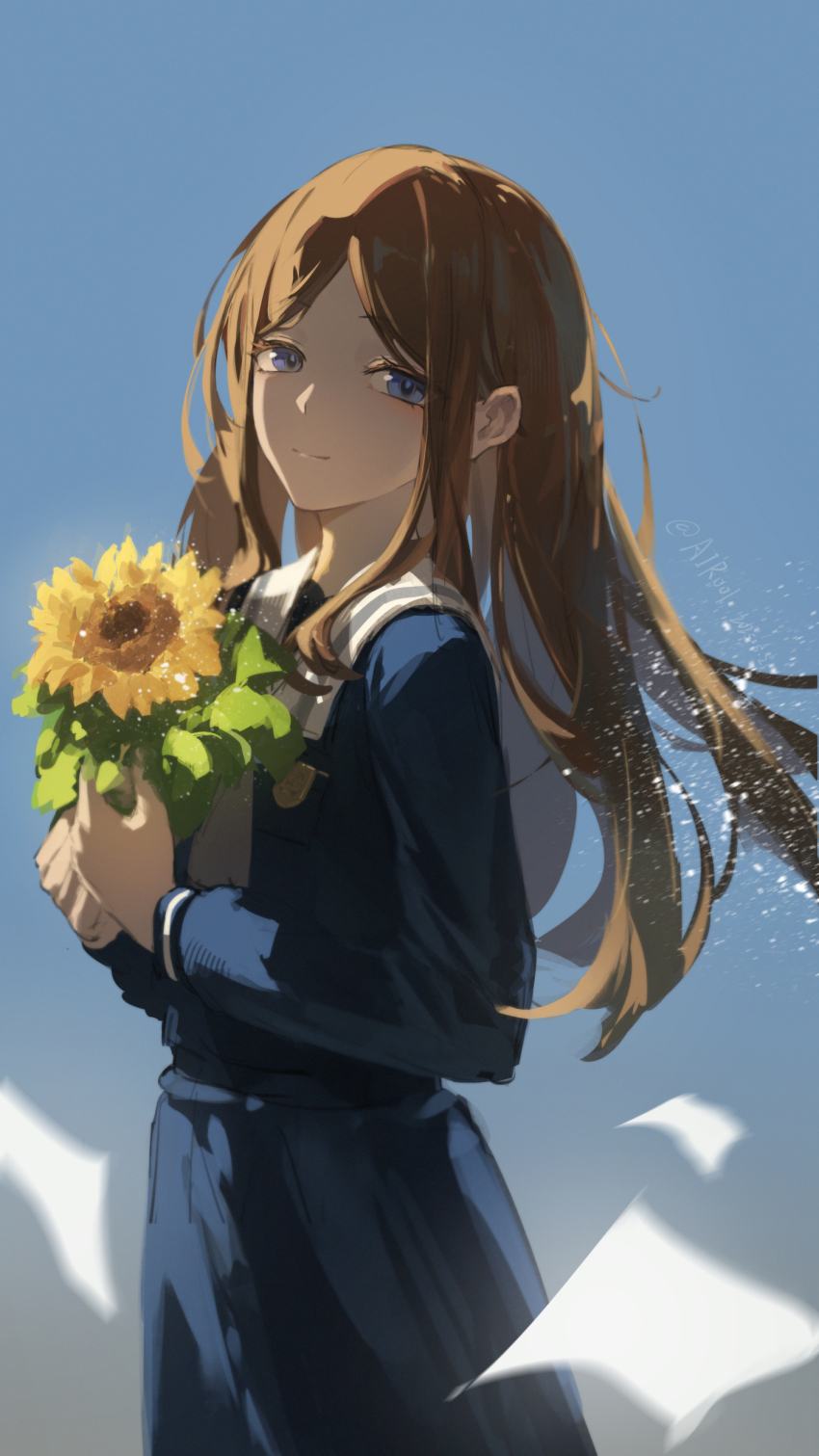1girl absurdres airool bang_dream! bang_dream!_it&#039;s_mygo!!!!! blue_background blue_eyes blue_serafuku brown_hair chinese_commentary closed_mouth commentary commentary_request cowboy_shot english_commentary expressionless floating floating_hair floating_paper flower from_side gradient_background highres holding holding_flower long_hair long_sleeves looking_at_viewer mixed-language_commentary nagasaki_soyo paint_splatter paper parted_bangs sailor_collar school_uniform serafuku sidelighting solo sunflower tsukinomori_school_uniform white_sailor_collar winter_uniform