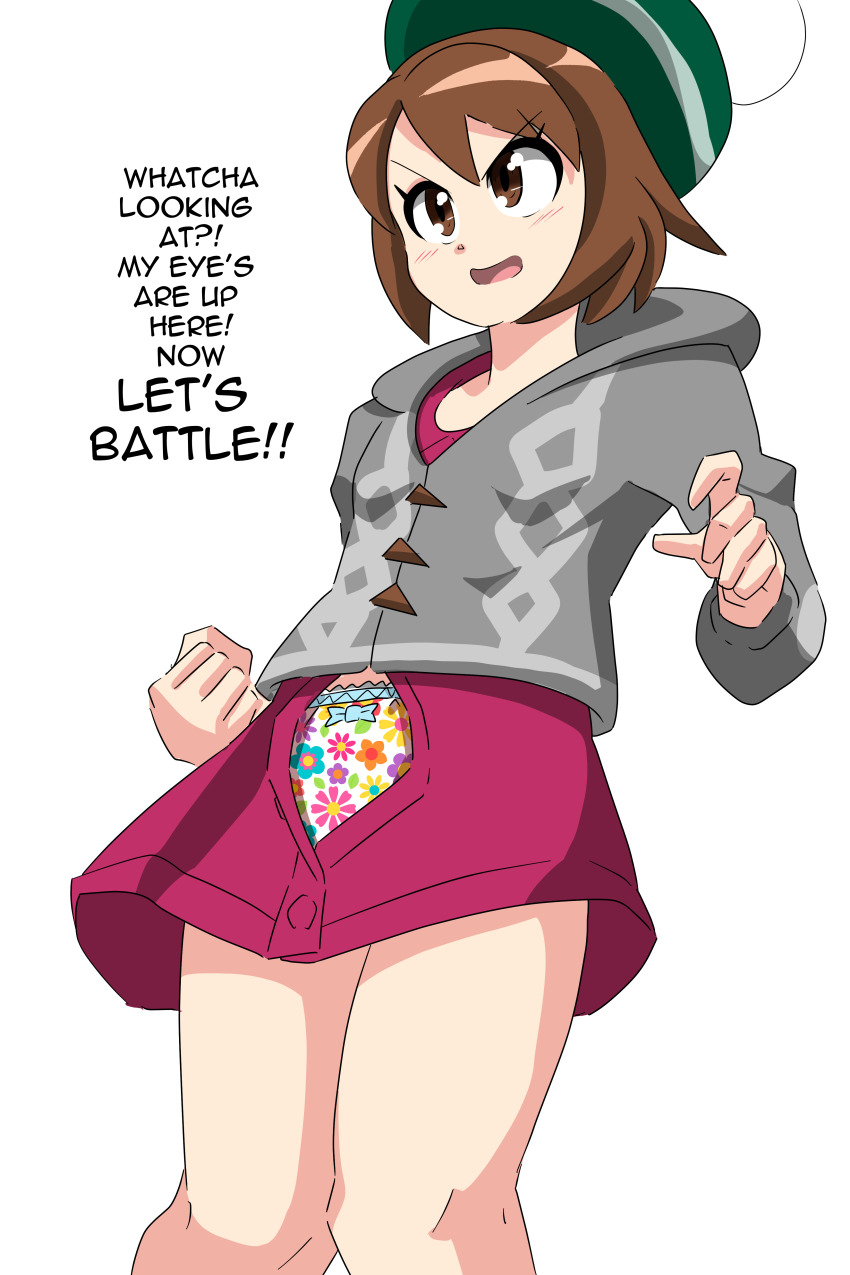 absurdres angry boots bow bow_panties brown_eyes brown_footwear brown_hair clenched_hands dress english_text euf-dreamer eyelashes female_focus flat_chest floral_print from_above gen_8_pokemon gloria_(pokemon) green_headwear grey_jacket hat highres jacket legs long_sleeves looking_at_another matching_hair/eyes medium_hair neck nintendo open_clothes open_dress panties pink_dress pokemon pokemon_swsh print_panties scottish_english_text shiny_clothes shiny_skin short_dress side_bangs simple_background standing talking tam_o&#039;_shanter thighs thighs_together underwear v-shaped_eyebrows wardrobe_malfunction white_background