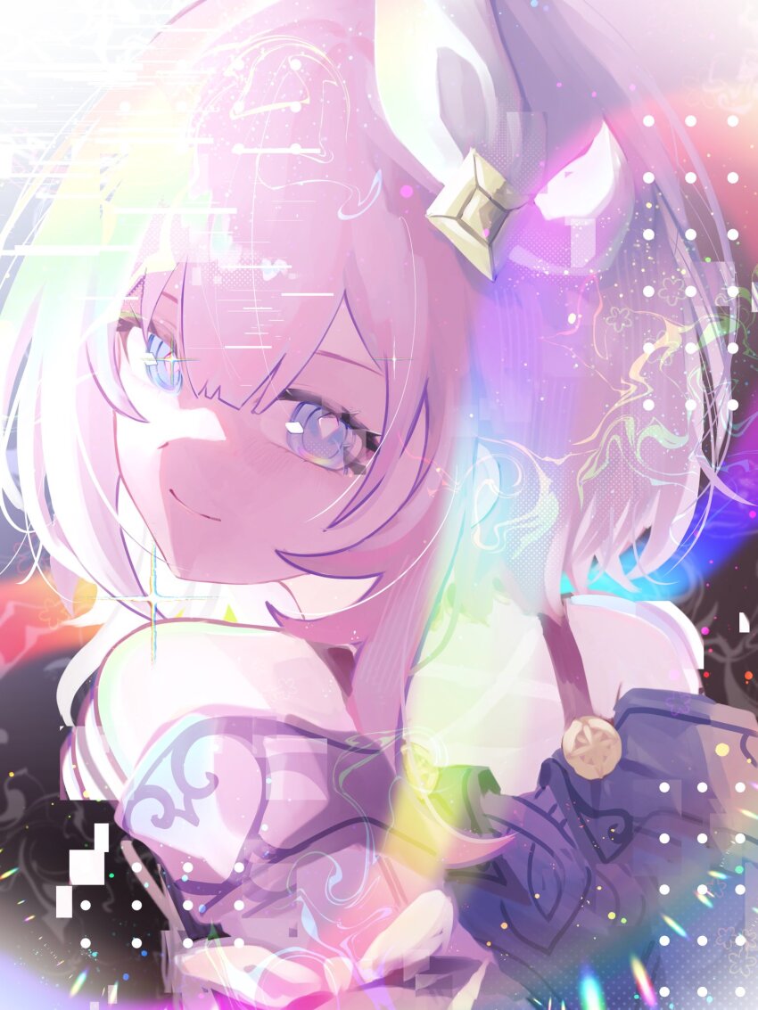 1girl blue_eyes coat commentary cyrene_(aedes_elysiae)_(honkai:_star_rail) cyrene_(honkai:_star_rail) from_behind glitch gosmn19700211 hair_ornament highres honkai:_star_rail honkai_(series) medium_hair pink_hair purple_coat short_hair smile solo symbol-only_commentary upper_body