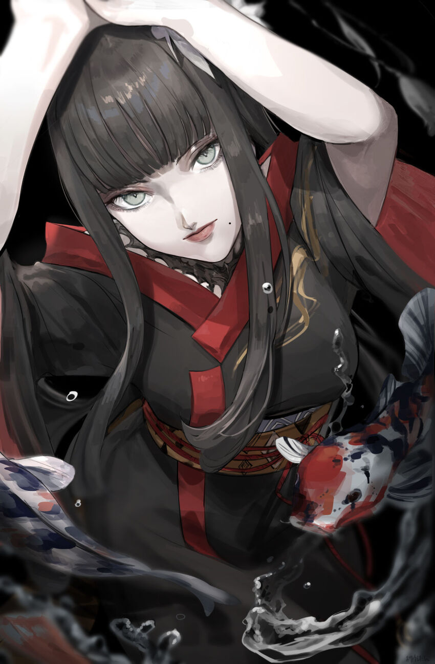 1girl arms_up bad_id bad_pixiv_id black_background black_collar black_hair black_kimono blunt_bangs blunt_ends collar cowboy_shot final_fantasy final_fantasy_xiv fish flower from_above green_eyes hair_flower hair_ornament highres hydrokinesis hyur japanese_clothes kimono koi kuroge_(kewagyuu) lace_collar long_hair looking_at_viewer looking_up mole mole_under_mouth obi obiage obijime sash sidelocks simple_background solo straight_hair two-sided_fabric water wide_sleeves yotsuyu_goe_brutus