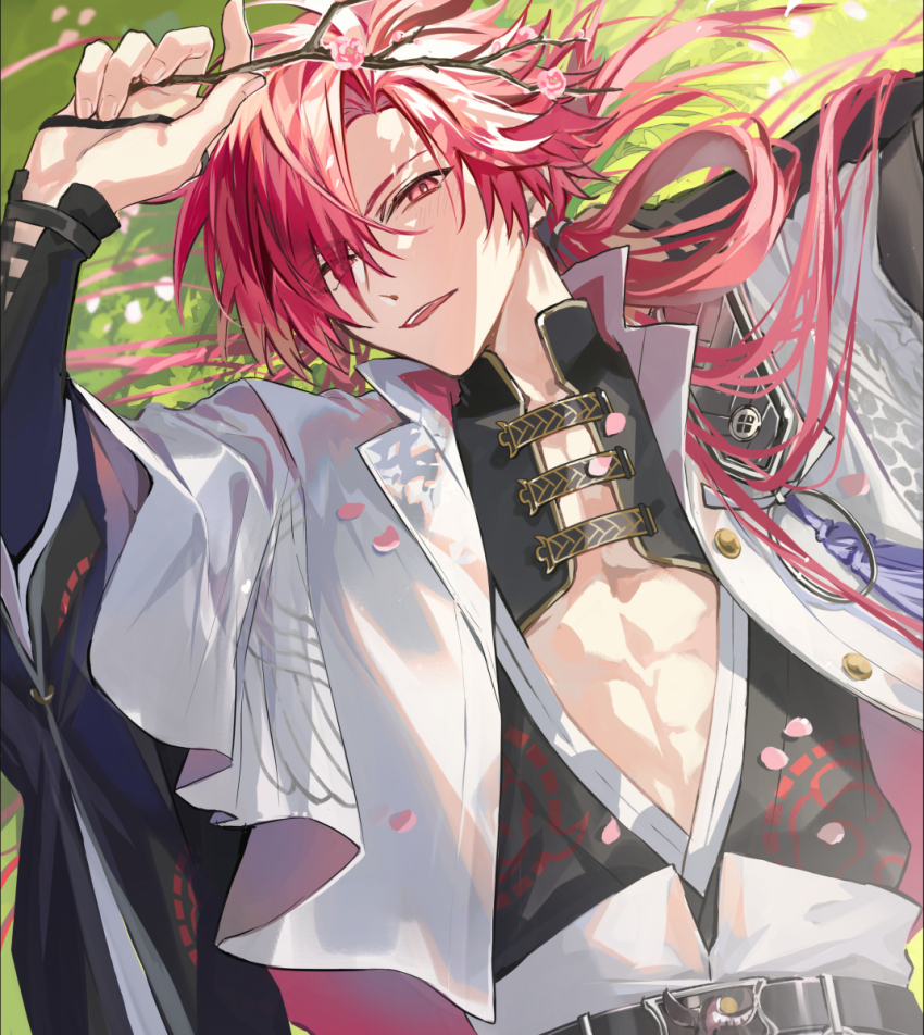 1boy abs arm_up belt black_belt black_kimono blurry branch depth_of_field eyebrow_cut fate/grand_order fate_(series) flower grass hair_over_one_eye highres holding holding_branch jacket japanese_clothes kimono light_blush light_smile long_hair long_sleeves looking_at_viewer lying male_focus nagatekkou on_back on_grass on_ground open_clothes open_jacket open_kimono outdoors parted_lips pink_flower pink_petals ponytail ponytail_holder poppoman print_kimono red_eyes red_hair solo takasugi_shinsaku_(fate) tassel teeth upper_body upper_teeth_only white_jacket wide_sleeves