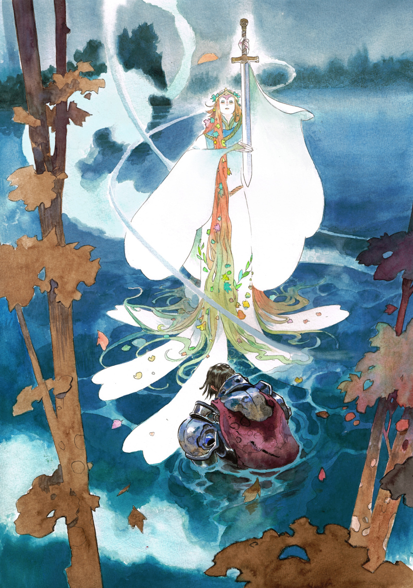 1boy 1girl absurdly_long_hair armor arthurian_legend brown_hair cape closed_eyes commentary english_commentary excalibur_(mythology) flower gradient_hair green_hair hair_flower hair_ornament highres holding holding_sword holding_weapon king_arthur_(mythology) lady_of_the_lake long_hair matias_bergara multicolored_hair orange_hair outdoors painting_(medium) partially_submerged robe shoulder_armor sun sunset sword traditional_media tree very_long_hair water watercolor_(medium) weapon white_robe