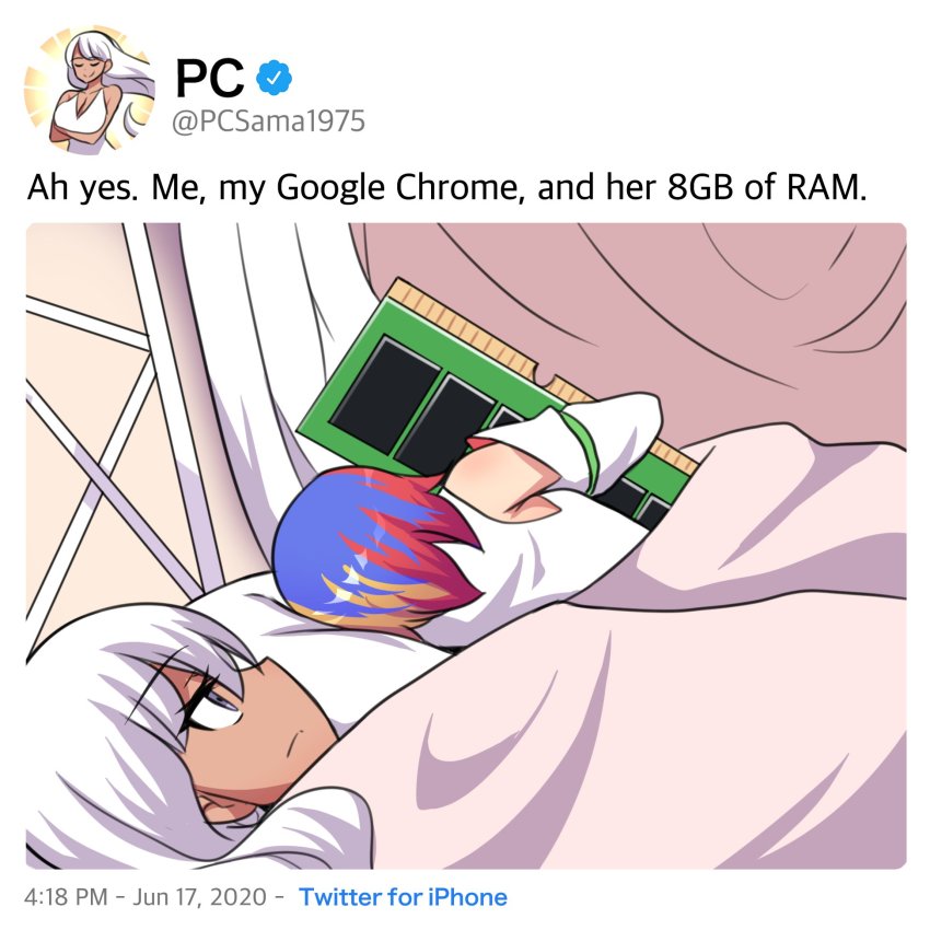 2girls 500_dollar_four_foot_tall_mareep_(meme) bare_shoulders bed blanket blue_hair closed_mouth dark-skinned_female dark_skin detached_sleeves english_text google_chrome google_chrome_(merryweather) highres hinghoi holding hug internet_explorer_(webcomic) long_hair looking_at_another lying meme merryweather multicolored_hair multiple_girls pc_(personification) personification product_girl ram_(computer) red_hair satire short_hair text_focus truth twitter twitter_username