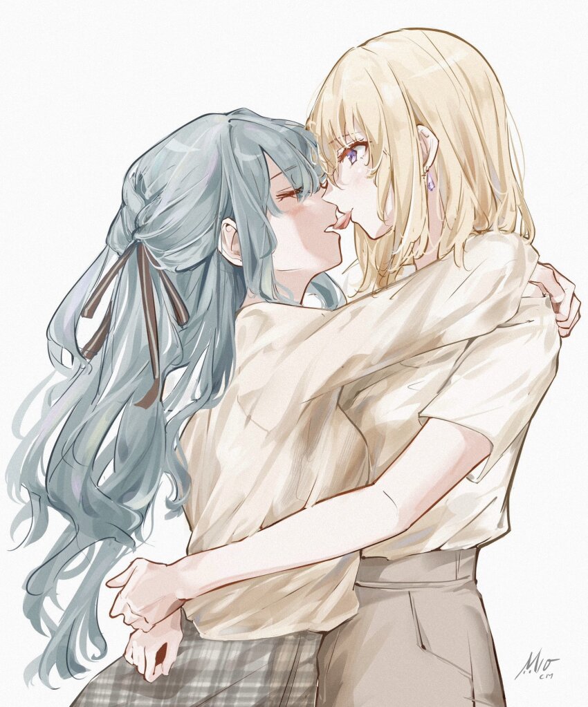 2girls bang_dream! bang_dream!_it&#039;s_mygo!!!!! black_ribbon blonde_hair brown_skirt closed_eyes commentary earrings grey_skirt hair_ribbon highres hug jewelry long_hair long_sleeves m10cmdesu medium_hair misumi_uika multiple_girls open_mouth plaid_clothes plaid_skirt purple_eyes ribbon short_sleeves sidelocks signature simple_background skirt togawa_sakiko white_background yuri