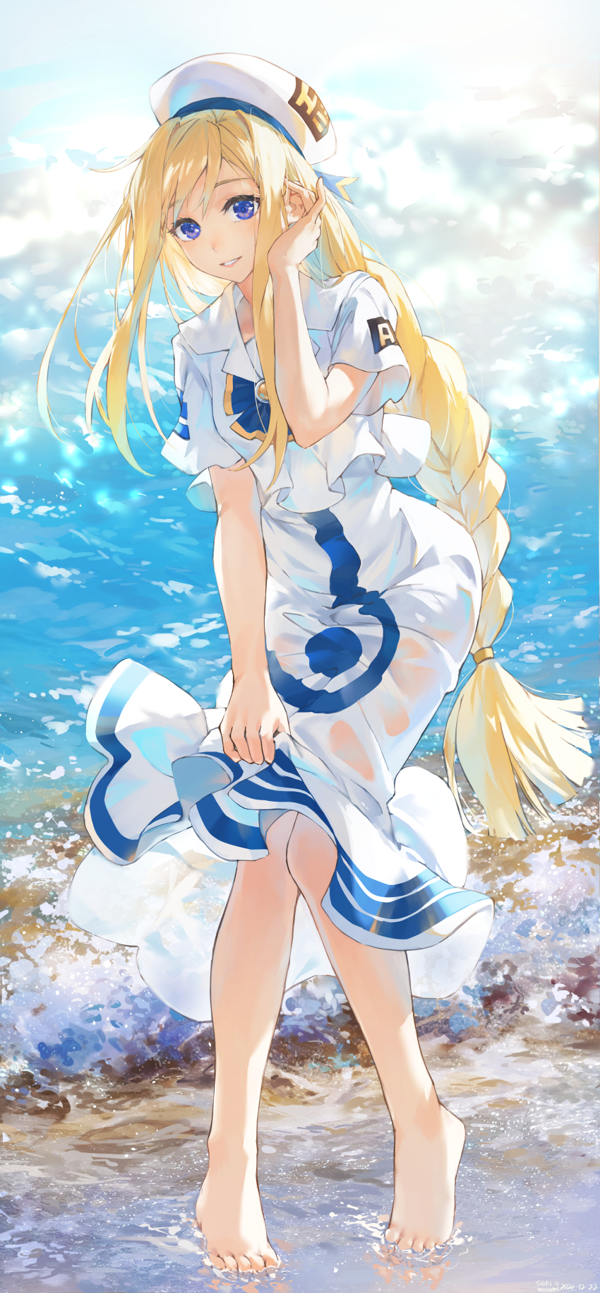 1girl absurdres alicia_florence aria_(manga) aria_company_uniform artist_name barefoot beach blonde_hair bloom blouse blue_bow blue_bowtie blue_eyes bow bowtie braid braided_ponytail commentary_request dated day dress duplicate feet floating_hair frilled_shirt frills full_body hand_up hat heel_up highres holding knees_together_feet_apart long_dress long_hair looking_at_viewer ocean outdoors parted_lips pixel-perfect_duplicate sailor_collar see-through_clothes shirt shore short_sleeves sidelocks single_braid skirt_hold smile solo standing swkl:d tiptoes toes tucking_hair twitter_username very_long_hair water waves wet wet_clothes white_dress white_hat white_sailor_collar white_shirt
