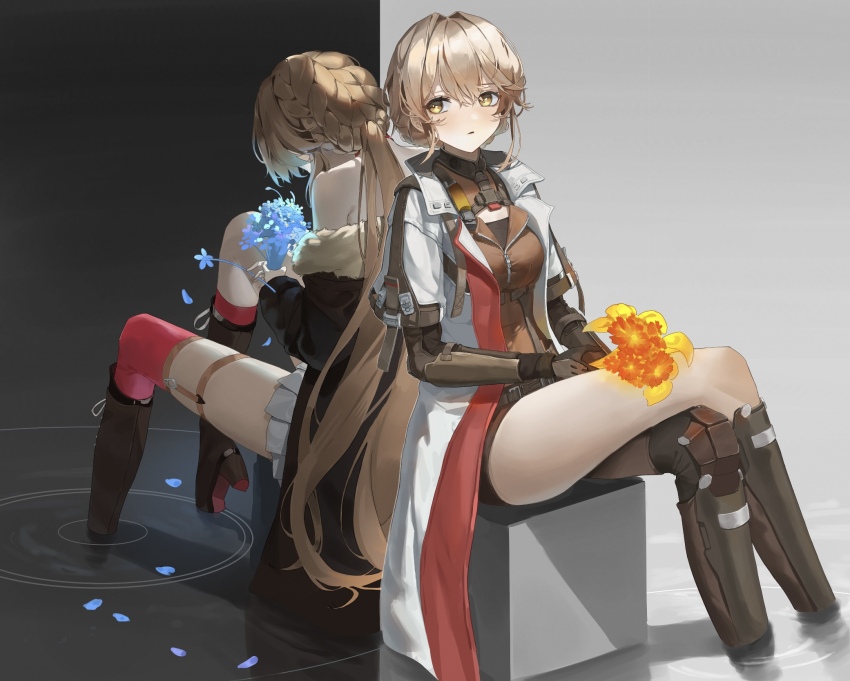 2girls asymmetrical_legwear auua bare_shoulders blonde_hair blush boots bouquet braid brown_eyes brown_hair brown_jacket coat collared_coat crossed_legs dual_persona flower girls&#039;_frontline girls&#039;_frontline_2:_exilium hair_between_eyes half_up_braid highres holding holding_bouquet holding_flower jacket leg_up long_hair looking_back mechanical_arms mechanical_legs mismatched_legwear multiple_girls off_shoulder ots-14_(girls&#039;_frontline) parted_lips petals pleated_skirt ponytail_with_braided_base ripples short-sleeved_coat single_mechanical_leg sitting skirt soaking_feet split_theme thigh_boots thighs very_long_hair white_coat worried