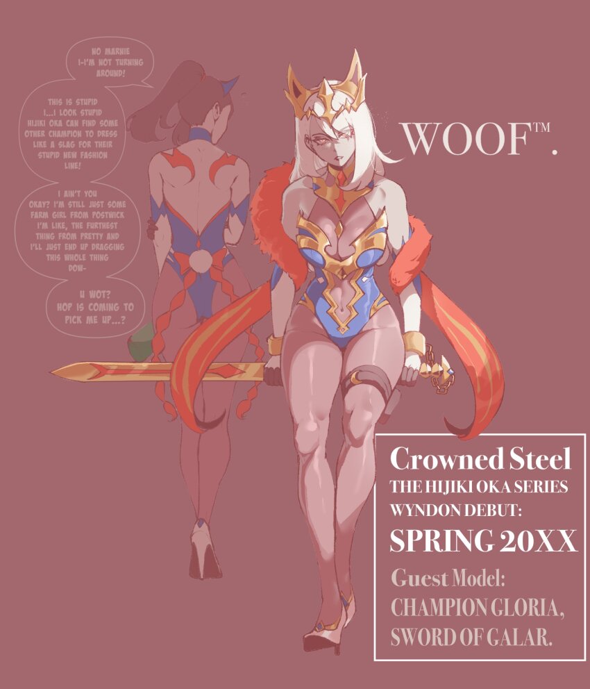 1girl aged_up alternate_costume alternate_hair_color alternate_hairstyle ass bodystocking bodysuit breasts brown_hair cleavage english_text gen_8_pokemon gloria_(pokemon) highres holding legendary_pokemon leotard looking_at_viewer medium_breasts nintendo nyantcha open_mouth pantyhose pokemon pokemon_swsh sword thigh_strap thighs weapon white_hair zacian zacian_(crowned)