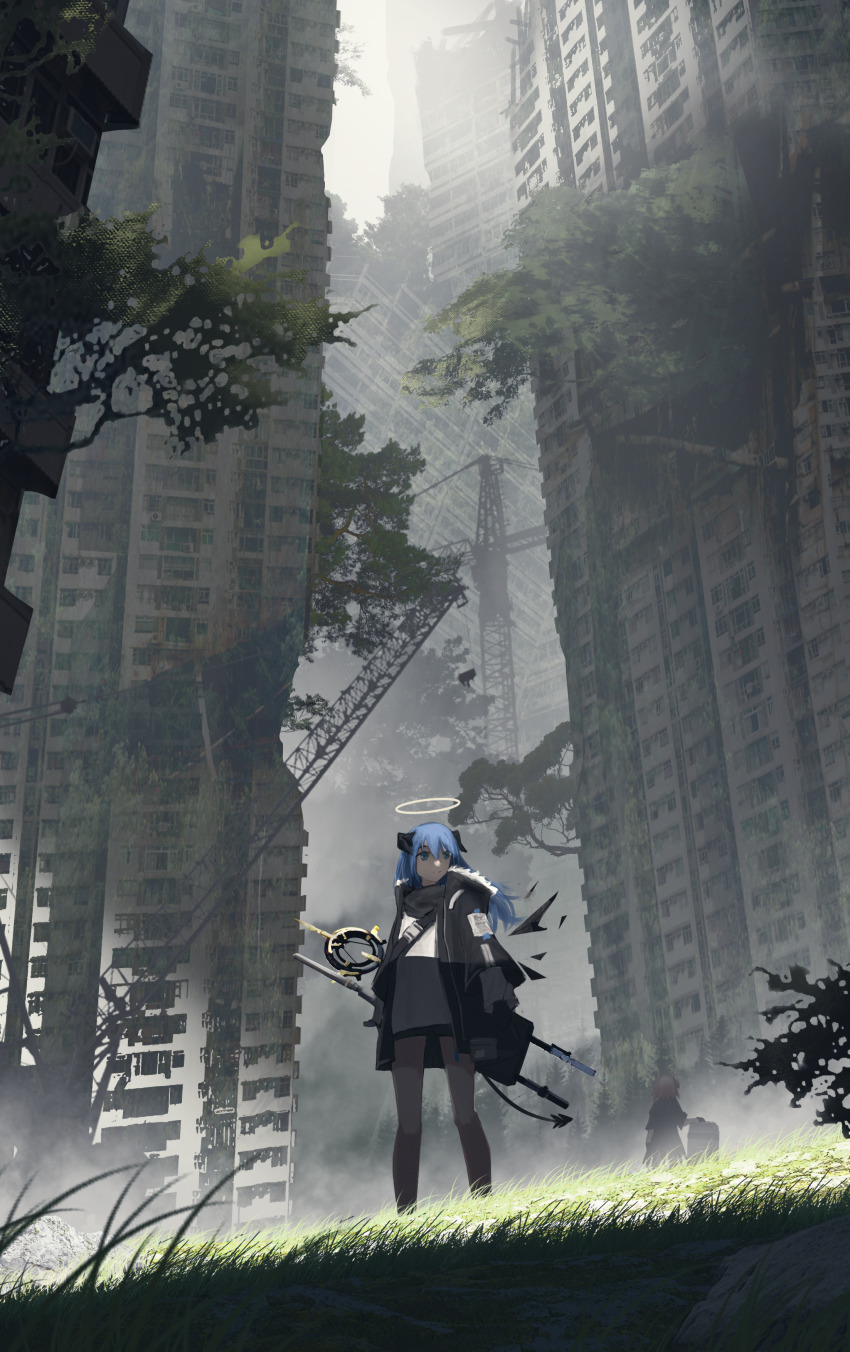 2girls absurdres animal_ears arknights bird_ears black_jacket black_scarf black_shorts blue_eyes blue_hair building crane_(machine) de4d_fish demon_girl demon_horns demon_tail facing_away fiammetta_(arknights) fur-trimmed_hood fur_trim grass highres hood hood_down hooded_jacket horns ivy jacket long_hair mostima_(arknights) multiple_girls open_clothes open_jacket outdoors plant red_hair revision ruins scarf scenery shirt short_shorts shorts skyscraper staff standing tail weapon weapon_on_back white_shirt wide_shot
