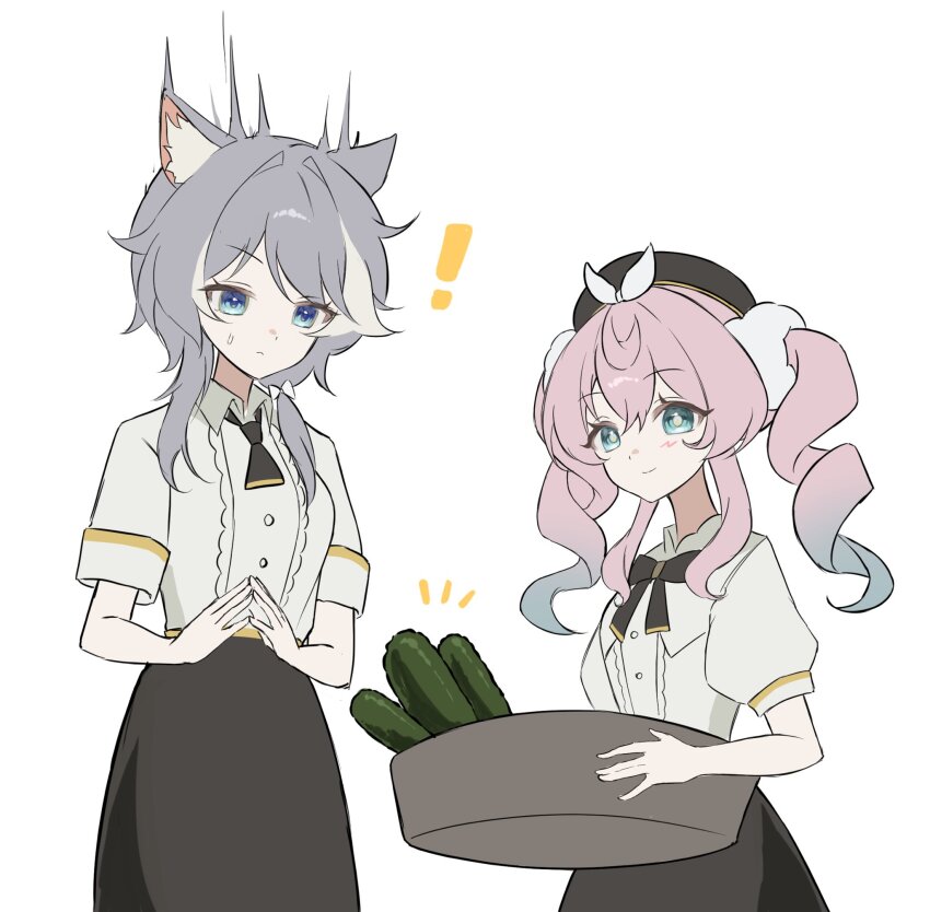 ! 2girls alternate_costume aqua_eyes aqua_hair blue_eyes braid brown_skirt cats_are_scared_of_cucumbers_(meme) cipher_(honkai:_star_rail) cucumber grey_hair hashtag-only_commentary highres honkai:_star_rail honkai_(series) hyacine_(honkai:_star_rail) medium_hair meme multicolored_hair multiple_girls pink_hair scared shirt short_hair_with_long_locks simple_background skirt twin_braids twintails two-tone_hair white_background white_shirt xs_1_iio
