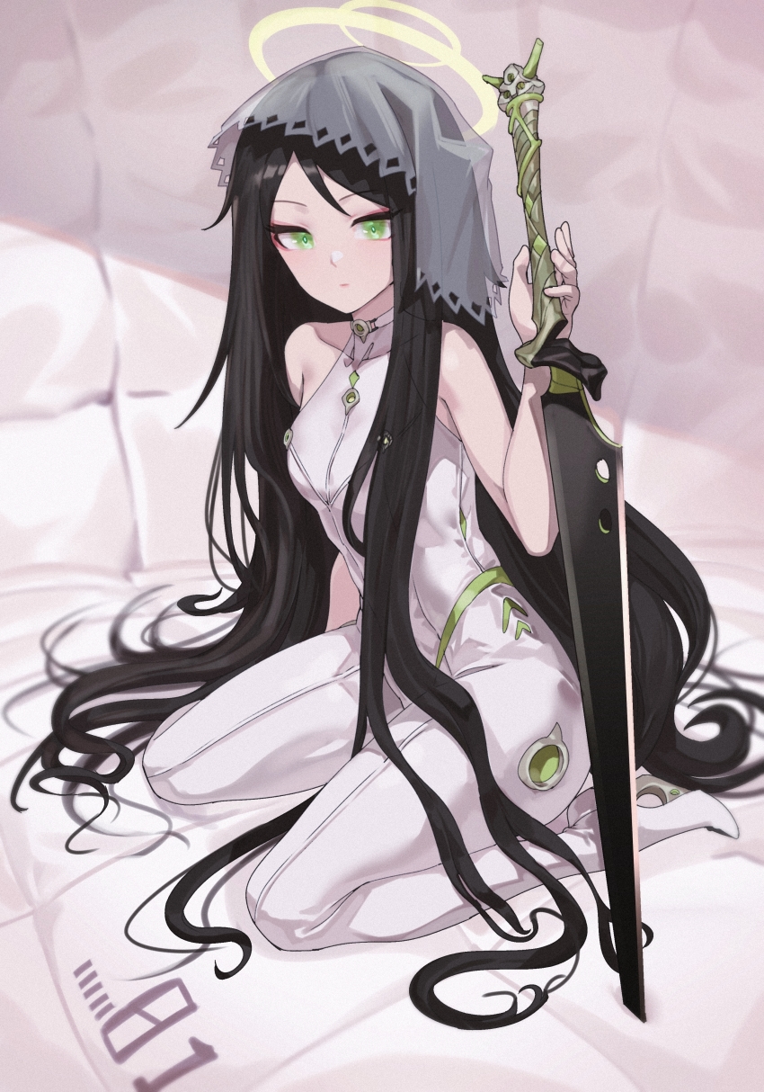 1girl absurdres bad_id bad_pixiv_id bodysuit eyeshadow green_eyes halo high_heels highres holding holding_sword holding_weapon jin_rou kneeling long_hair looking_at_viewer makeup original red_eyeshadow solo sword veil very_long_hair weapon white_bodysuit