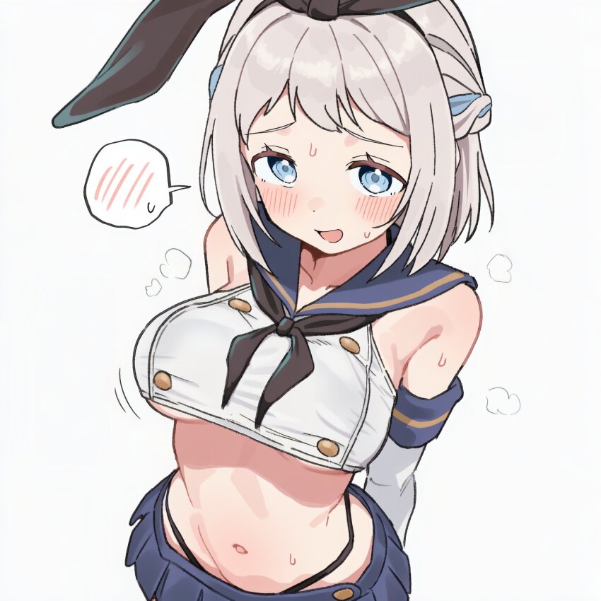 1girl arms_behind_back ascot black_panties black_ribbon blue_eyes blue_hair blue_skirt blush braid breasts cosplay crop_top crown_braid detached_sleeves embarrassed from_above gakuen_idolmaster hair_ribbon highleg highleg_panties highres idolmaster kantai_collection katsuragi_lilja lati2 medium_breasts multicolored_hair navel open_mouth panties ribbon sailor_collar shimakaze_(kancolle) shimakaze_(kancolle)_(cosplay) shirt short_hair skirt sleeveless sleeveless_shirt solo spoken_blush standing sweat underboob underwear whale_tail_(clothing) white_background white_hair white_shirt