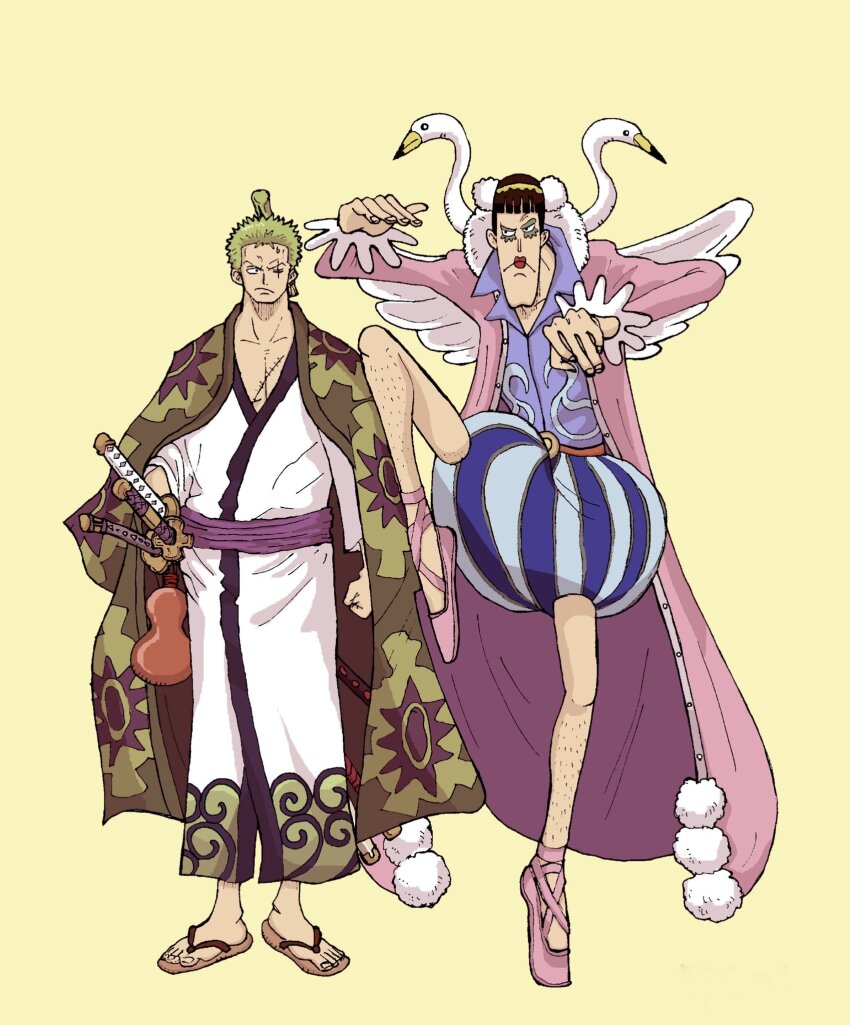2boys bird black_hair blunt_bangs bon_clay chonmage clenched_hand commentary_request fake_wings full_body green_hair highres japanese_clothes kimono leg_hair long_coat long_sleeves makeup male_focus multiple_boys one_eye_closed one_piece purple_sash purple_shirt red_lips roronoa_zoro ryujidj sandals sash scar scar_across_eye scar_on_face shirt short_hair stitched_face stitches swan sword topknot v-shaped_eyebrows weapon wings