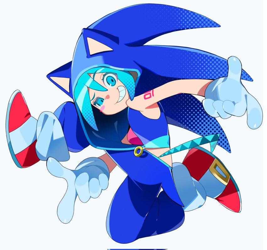 1girl animal_ears animal_hood aqua_eyes aqua_hair bizarre_cuco blue_hoodie blue_pants blush_stickers cosplay double_finger_gun fake_animal_ears finger_gun full_body gloves grin hatsune_miku hatsune_miku_(sonic_style) highres hood hood_up hoodie looking_at_viewer pants project_diva_(series) project_diva_extend red_shoes shoes simple_background smile sneakers solo sonic_(series) sonic_adventure sonic_adventure_pose sonic_the_hedgehog sonic_the_hedgehog_(cosplay) vocaloid white_background white_gloves