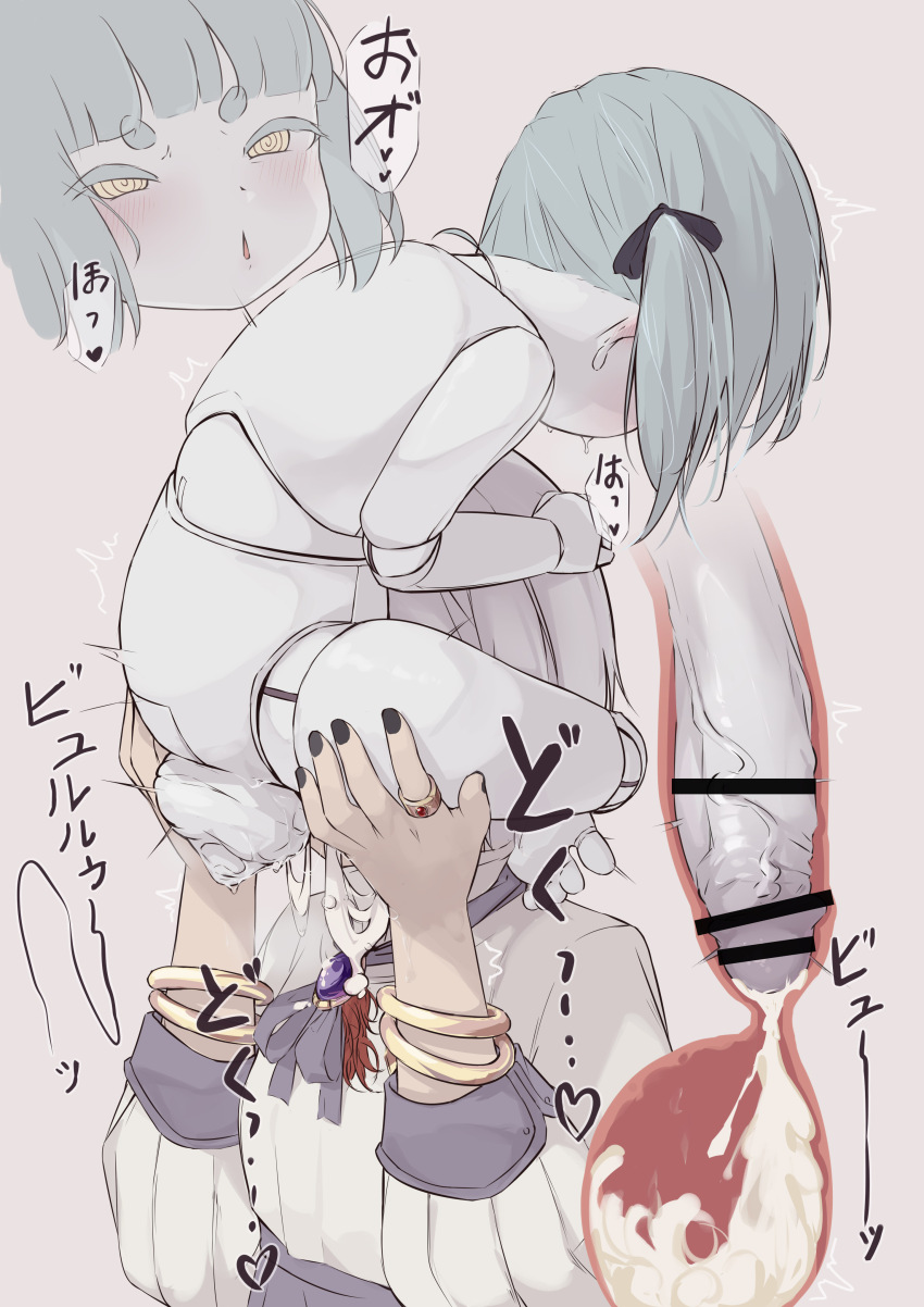 1futa 1girl @_@ absurdres bar_censor black_nails blush bracelet censored colored_skin commission completely_nude cross-section cum cum_overflow deepthroat doll_joints ejaculation erection fellatio futa_with_female futanari gold_bracelet grey_hair highres internal_cumshot irrumatio jewelry joints large_penis large_testicles loli multiple_views nude oral original painnico parted_lips penis pixiv_commission rori_poster&#039;s_oc short_hair simple_background testicles white_hair white_skin yellow_eyes