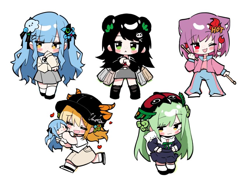 5girls :&lt; :3 absurdres animal_ears animalization ave_mujica_(bang_dream!) bag bang_dream! bang_dream!_it&#039;s_mygo!!!!! baseball_cap black_boots black_hat black_jacket black_ribbon blonde_hair blue_dress blue_hair blue_pants blush boots brown_skirt cat_ears cat_girl character_doll commentary double_bun dress english_commentary green_eyes green_hair grey_skirt hair_bun hair_ornament hair_ribbon hat heart highres jacket jellyfish_hair_ornament kaname_raana kemonomimi_mode long_hair misumi_uika multiple_girls neck_ribbon oblivionis_(bang_dream!) one_eye_closed open_clothes open_jacket panda_hair_ornament pants pink_jacket pink_shirt purple_hair raana_the_cat red_eyes red_hat red_shirt ribbon shirt shopping_bag short_hair short_sleeves sidelocks simple_background skirt socks togawa_sakiko wakaba_mutsumi white_background white_shirt white_socks yahata_umiri yellow_eyes yuutenji_nyamu zhanzhangzlw