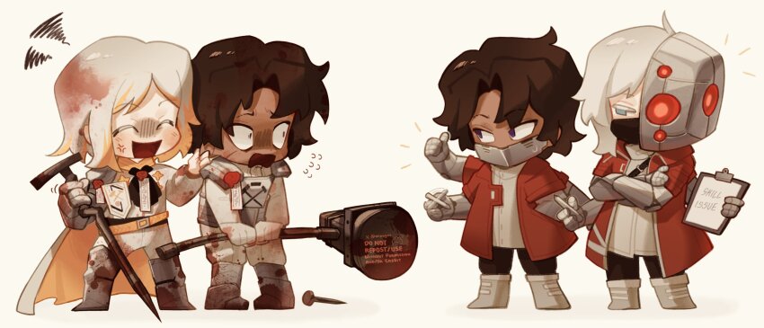 2boys 2girls absurdres anger_vein armor artificial_eye badge belt black_pants blonde_hair blood blood_in_hair blue_eyes boots brown_hair clipboard coat dark-skinned_male dark_skin dual_persona extra_arms faust_(project_moon) flying_sweatdrops gauntlets greaves grey_hair hammer heathcliff_(project_moon) highres limbus_company mask mechabare mechanical_arms mechanical_eye meme mipoyos mouth_mask multicolored_hair multicrack_office_(identity)_(project_moon) multiple_boys multiple_girls n_corp._fanatic_(identity)_(project_moon) nail_(hardware) pants pen project_moon purple_eyes red_coat scar scar_on_face shirt signature single_gauntlet skill_issue_(meme) streaked_hair sweatdrop twitter_username wax_seal white_footwear white_pants white_shirt