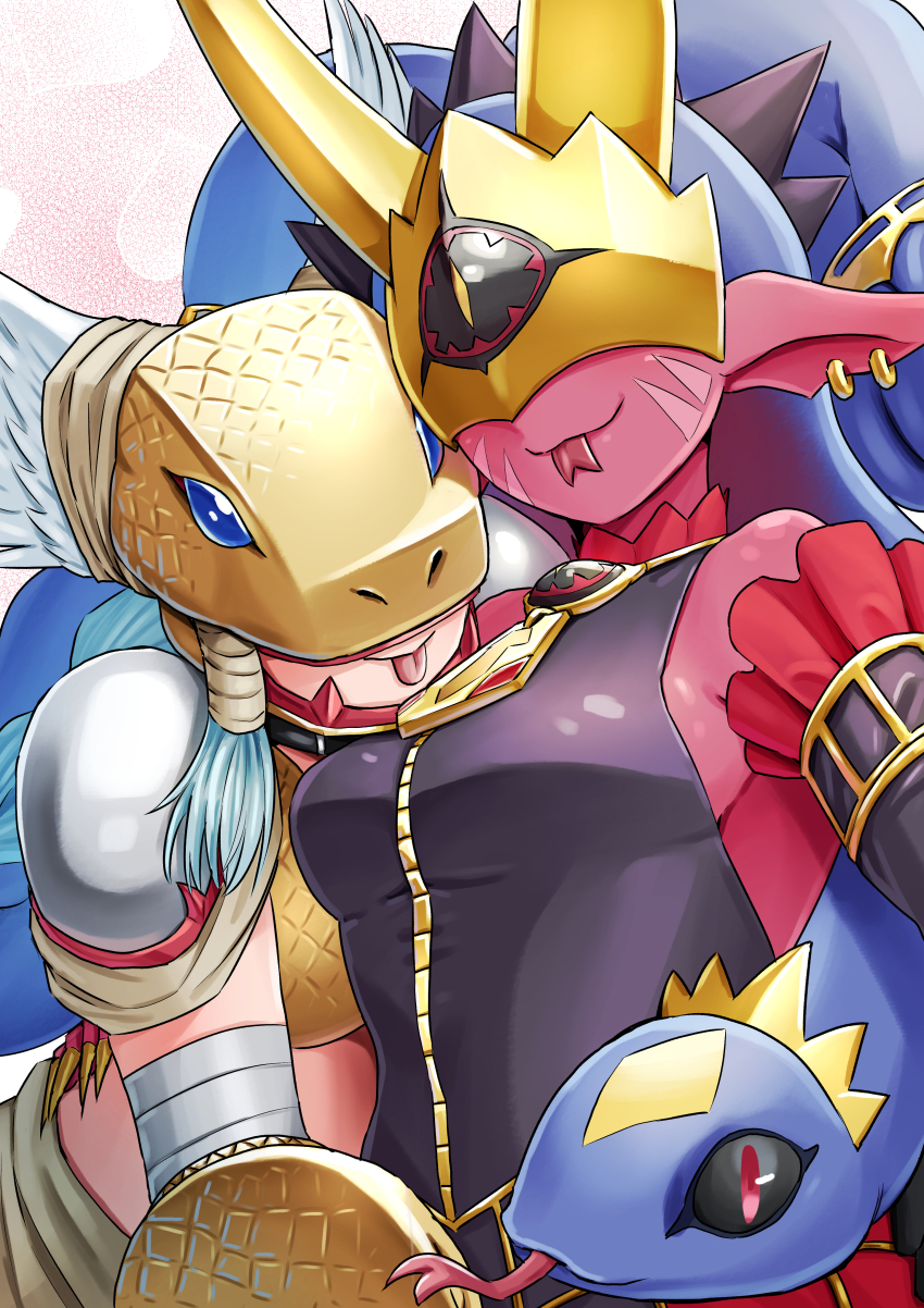 2girls absurdres armor bandaged_arm bandages bare_shoulders black_leotard black_sleeves blue_hair braid breasts colored_skin commentary_request covered_eyes cowboy_shot detached_sleeves digimon digimon_(creature) earrings fingernails forked_tongue gauntlets gold_armor gold_helmet hair_ribbon hand_on_another&#039;s_waist hasegawa_(hase_popopo) helmet helmet_over_eyes highres horns jewelry leotard long_fingernails long_hair mask medium_breasts medusamon minervamon monster_girl multiple_girls nail_polish partial_commentary pink_skin pointy_ears ribbon sharp_fingernails shoulder_pads sidelocks smile snake_hair snake_mask standing tongue tongue_out trait_connection tress_ribbon twin_braids twintails very_long_hair waist_cape winged_helmet zipper zipper_pull_tab