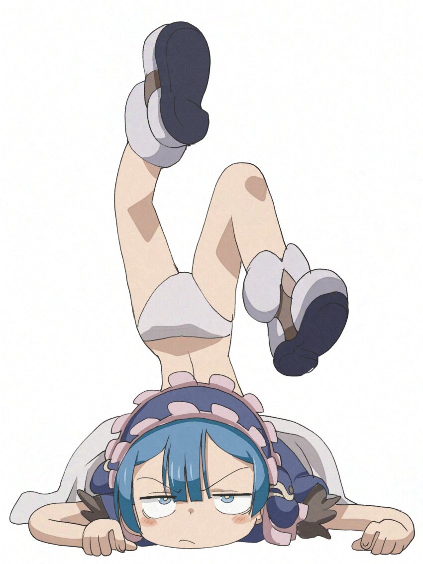 1boy adversarial_noise ass blue_eyes blue_hair blush_stickers center-flap_bangs closed_mouth crossdressing dress frown hairband hashtag-only_commentary highres jitome legs_up lolita_hairband made_in_abyss male_focus maruruk panties shoes short_hair shota solo trap underwear upside-down v-shaped_eyebrows white_panties ximu_shilang