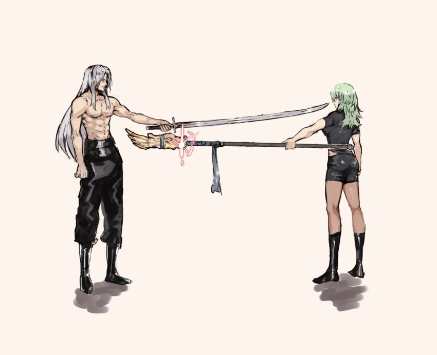 1boy 1girl boots female_byleth_(fire_emblem) duel final_fantasy final_fantasy_vii fire_emblem fire_emblem:_three_houses full_body glasses masamune_(ff7) nintendo pantyhose polearm sephiroth short short_shorts shorts spear super_smash_bros. sword topless_male weapon white_hair wings yourfreakyneighbourh
