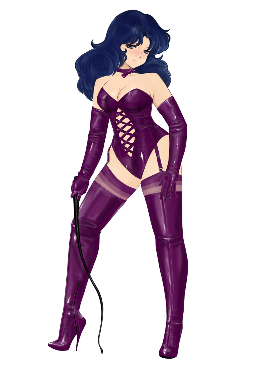 1girl bdsm blue_eyes blue_hair bondage boots bound high_heel_boots high_heels highres komii long_hair retro_artstyle simple_background stiletto_boots stiletto_heels thigh_boots thighhighs white_background