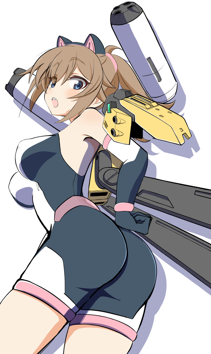 1girl absurdres animal_ears ass blue_eyes blush bodysuit breasts brown_hair cat_ears elbow_gloves fake_animal_ears gloves gundam gundam_build_metaverse haruwo0096 highres hoshino_fumina large_breasts looking_at_viewer looking_back mecha_musume open_mouth ponytail simple_background solo weapon white_background