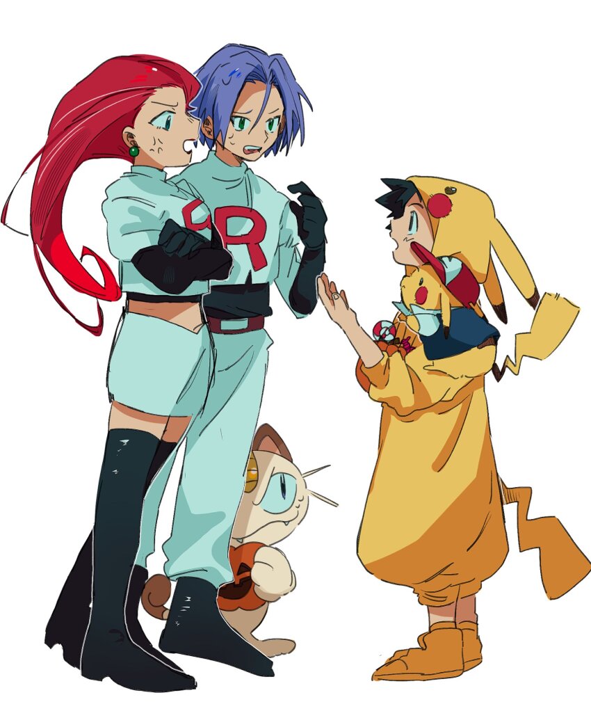 1girl 2boys angry animal_ears ash_ketchum blue_hair game_freak gen_1_pokemon highres james_(pokemon) jessie_(pokemon) meowth multiple_boys nintendo omotikonetemasu pikachu pikachu_costume pikachu_ears pikachu_tail pikmin_(creature) pokemon pokemon_(anime) pokemon_(classic_anime) pokemon_(creature) pokemon_tail red_hair tail team_rocket team_rocket_uniform white_background worried