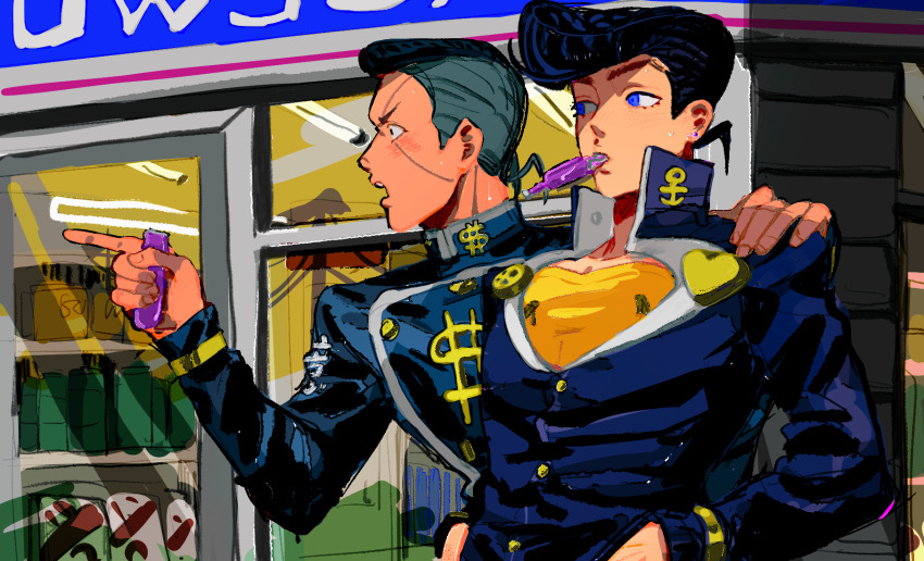 2boys anchor_symbol black_hair blue_eyes blush buttons clothes_writing convenience_store diamond_wa_kudakenai dollar_sign drinking earrings facial_mark gakuran glass_door grey_hair hand_on_another&#039;s_shoulder hands_in_pockets heart higashikata_josuke highres jewelry jojo_no_kimyou_na_bouken looking_to_the_side male_focus multicolored_hair multiple_boys nijimura_okuyasu open_mouth outdoors peace_symbol pointing pompadour ramune school_uniform shelf shirt shop sparkle stud_earrings sweat two-tone_hair upper_body user_ftf4740 v-shaped_eyebrows yellow_shirt zipper