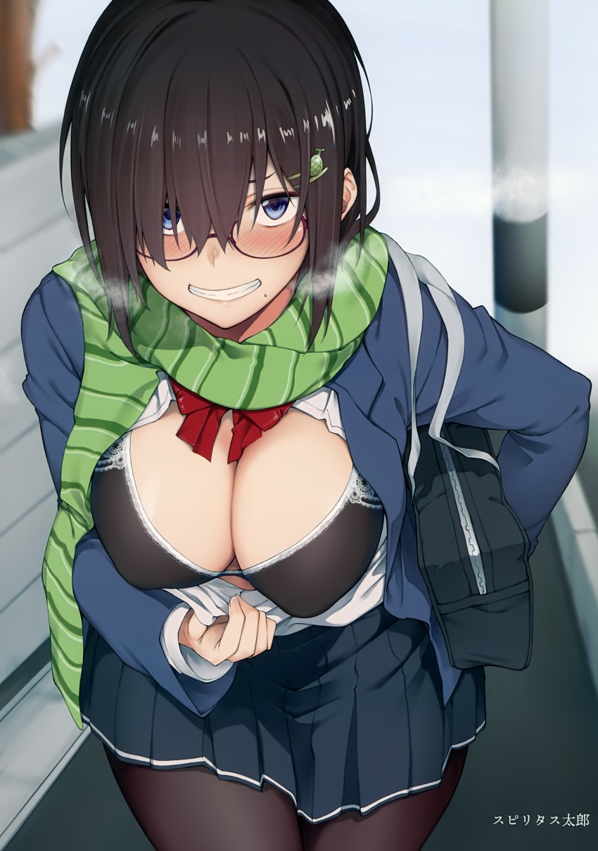 1girl :d absurdres artist_name bag black_bra black_jacket blazer blue_eyes blush bow bowtie bra breasts breath brown_hair brown_pantyhose cleavage clothes_pull collared_shirt cowboy_shot day female_focus flashing food-themed_hair_ornament glasses green_scarf green_skirt hair_between_eyes hair_ornament highres jacket large_breasts lifting_own_clothes long_hair long_sleeves looking_at_viewer melon_hair_ornament melonbooks miniskirt mole mole_under_mouth open_clothes open_jacket open_mouth original outdoors pantyhose pleated_skirt pulling_own_clothes red-framed_eyewear red_bow red_bowtie scan scarf school_bag school_uniform semi-rimless_eyewear shirt short_hair skirt skirt_pull smile snow solo spirytus_tarou standing steam teeth under-rim_eyewear underwear v-shaped_eyebrows white_shirt