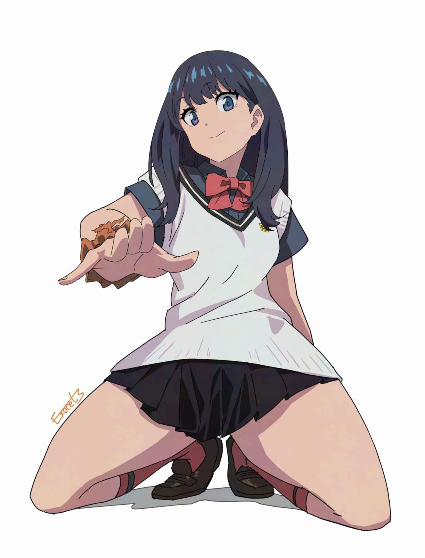 1girl black_hair black_shirt black_skirt blue_eyes bow bowtie breasts cardigan closed_mouth exocet_(exocet4) gridman_universe gridman_universe_(movie) highres long_hair looking_at_viewer pleated_skirt red_bow school_uniform scrunchie shirt short_sleeves simple_background skirt solo takarada_rikka thighs wrist_scrunchie