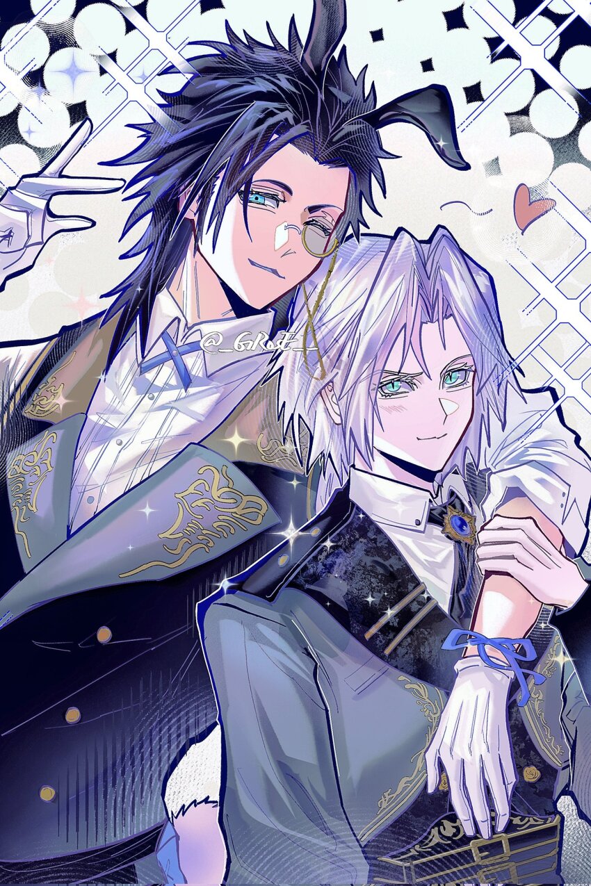 2boys animal_ears aqua_eyes arm_around_neck black_hair black_necktie black_vest blue_cross_tie butler collared_shirt final_fantasy final_fantasy_vii final_fantasy_vii_ever_crisis gloves grey_hair grey_jacket grose hair_between_eyes heart highres jacket kemonomimi_mode light_blush male_focus medium_hair monocle multiple_boys necktie official_alternate_costume one_eye_closed parted_bangs rabbit_boy rabbit_ears rabbit_tail sephiroth sephiroth_(dark_attire) sephiroth_(ever_crisis) shirt short_hair sleeves_rolled_up suit_jacket tail twintails upper_body vest waistcoat white_gloves white_shirt zack_fair zack_fair_(bunny_butler)