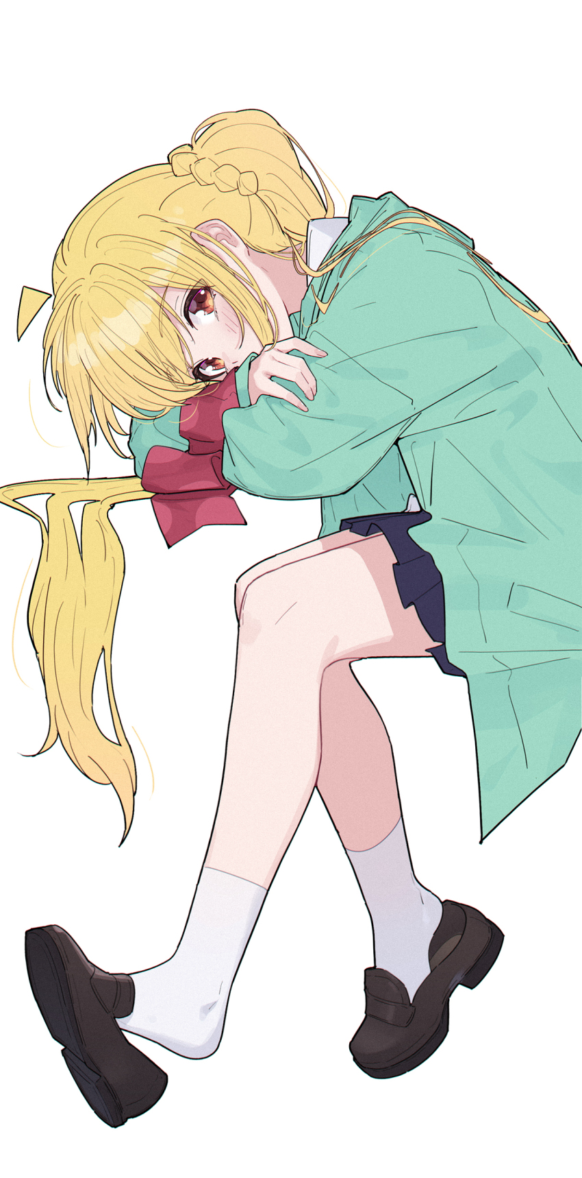 1girl absurdres ahoge aqua_jacket black_shoes blonde_hair blue_skirt blush bocchi_the_rock! commentary_request detached_ahoge elbow_rest from_side head_rest highres hood hood_down hooded_jacket ijichi_nijika invisible_chair jacket left_shoe_removed loafers long_hair long_sleeves looking_at_viewer open_clothes open_jacket pleated_skirt puffy_long_sleeves puffy_sleeves red_eyes school_uniform shimokitazawa_high_school_uniform shirt shoe_dangle shoes side_ponytail simple_background sitting skirt socks solo white_background white_shirt white_socks yun_cao_bing