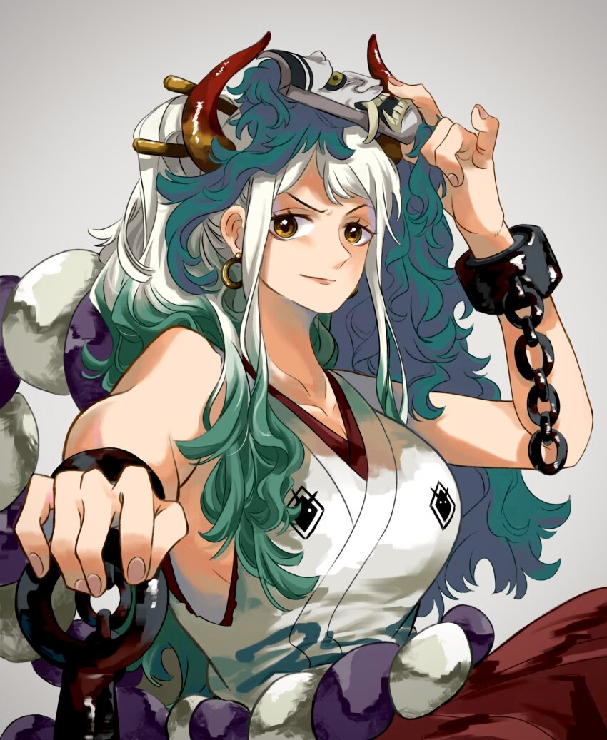1girl closed_mouth club club_(weapon) cuffs earrings green_hair grey_background hair_ornament handcuffs hashtag-only_commentary highres horns japanese_clothes jewelry kanabou kimono looking_at_viewer mask one_piece planted ponytail rope shimenawa simple_background sinoda_maru7326 sleeveless sleeveless_kimono solo upper_body weapon white_hair white_kimono yamato_(one_piece)