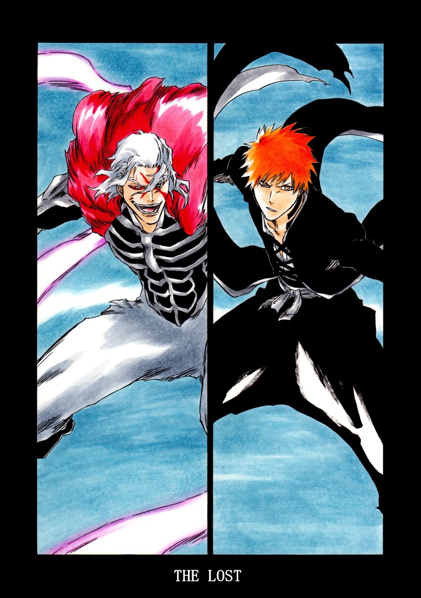 2boys absurdres bankai battle black_border black_jacket bleach blue_background border colored_sclera commentary_request energy_wings english_text eyebrows_hidden_by_hair facial_mark fighting_stance floating_clothes floating_hair ginjou_kuugo hair_between_eyes highres jacket ken&#039;ichi_(ken1ro_u) kubo_tite_(style) kurosaki_ichigo long_sleeves looking_at_viewer medium_hair multiple_boys official_style open_mouth orange_eyes orange_hair pants parted_lips red_sclera short_hair simple_background skeleton_print smile spiked_hair teeth tensa_zangetsu_(bankai) v-shaped_eyebrows white_eyes white_hair white_pants