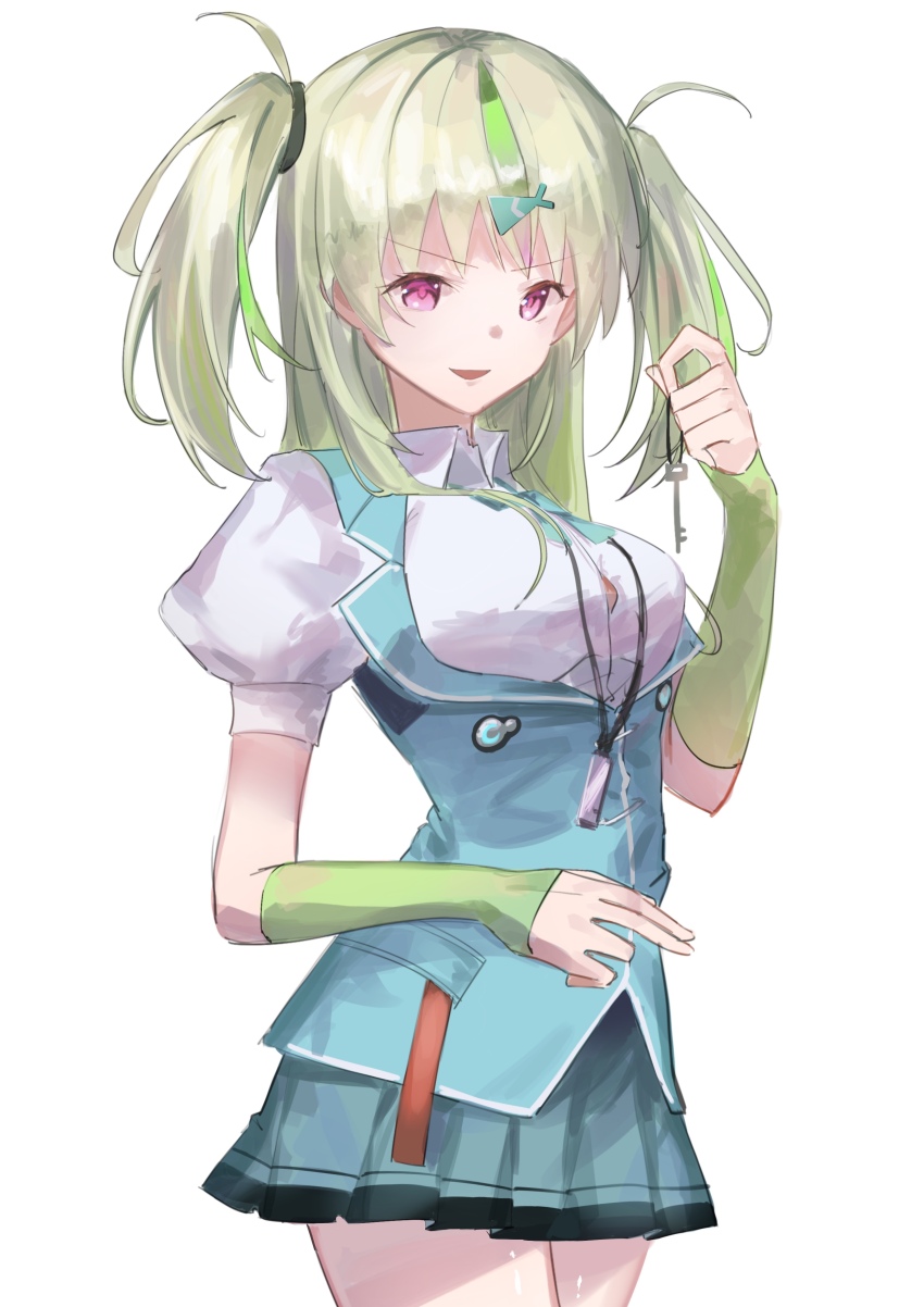 1girl absurdres breasts green_hair hair_ornament heaven_burns_red highres kr_woyue large_breasts long_hair multicolored_hair ooshima_isuzu red_eyes solo two_side_up vest